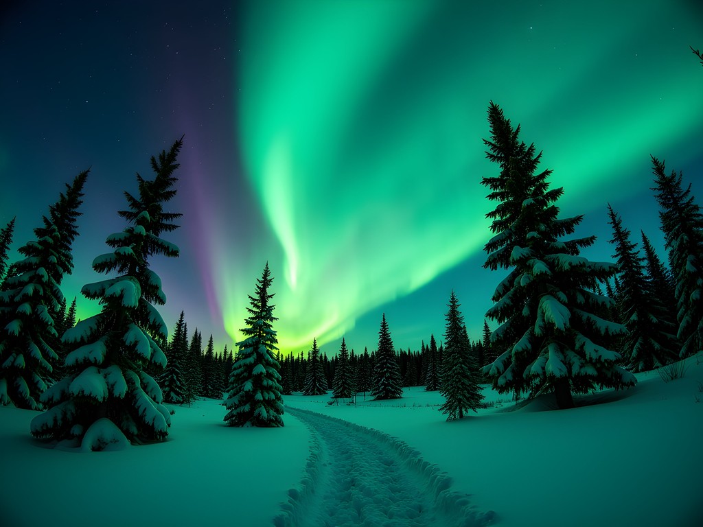 Spectacular green and purple aurora borealis over snow-covered landscape in Timmins
