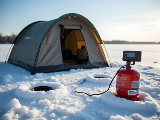 Modern ice fishing setup on frozen Kamiskotia Lake with portable shelter and technology