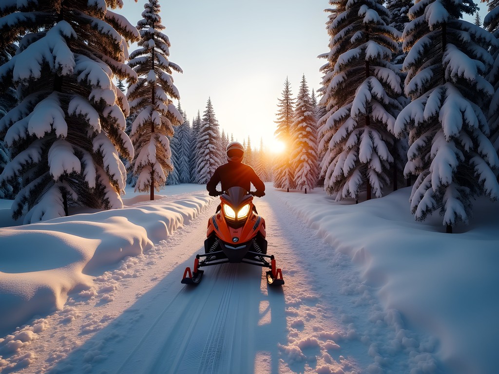 Person snowmobiling through snow-covered pine forest trails in Timmins at sunset