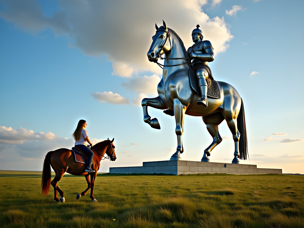 Massive silver Genghis Khan Equestrian Statue with traveler on horseback in foreground