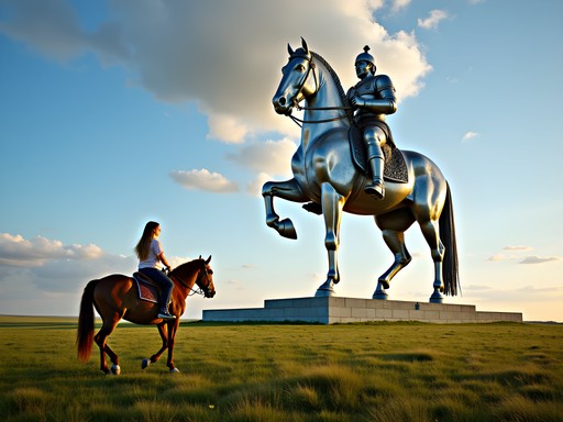 Massive silver Genghis Khan Equestrian Statue with traveler on horseback in foreground