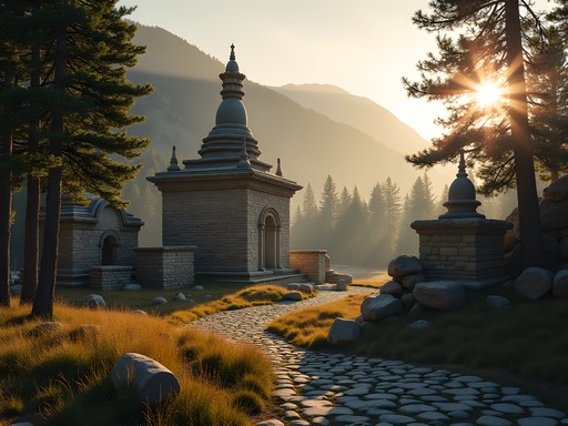 Stone ruins of Manzshir Monastery surrounded by larch trees on Bogd Khan Mountain