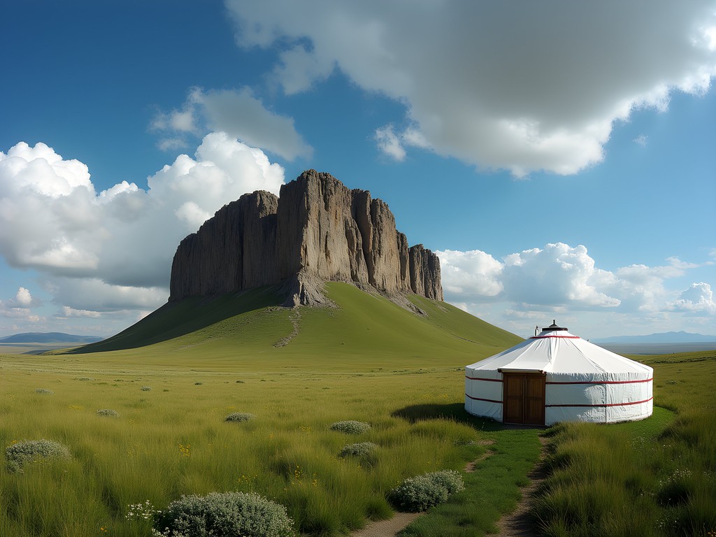 Massive Turtle Rock formation in Terelj National Park with traditional Mongolian ger in foreground