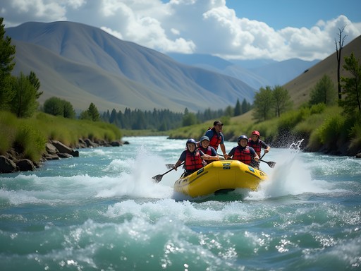 Whitewater rafting adventure on Tuul River with mountains in background