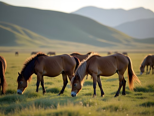 Wild Przewalski's horses grazing on steppe grasslands in Hustai National Park