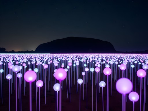 Bruce Munro's Field of Light art installation at night with Uluru silhouette