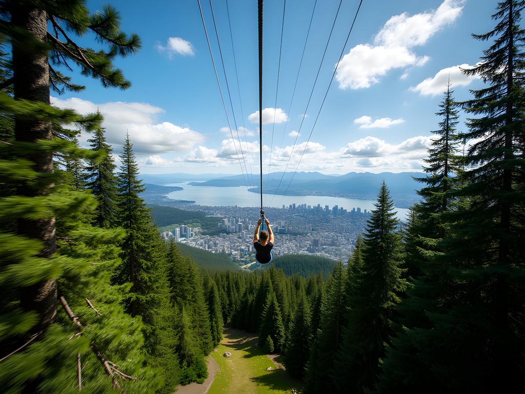 Person ziplining through forest canopy with Vancouver cityscape and ocean in background