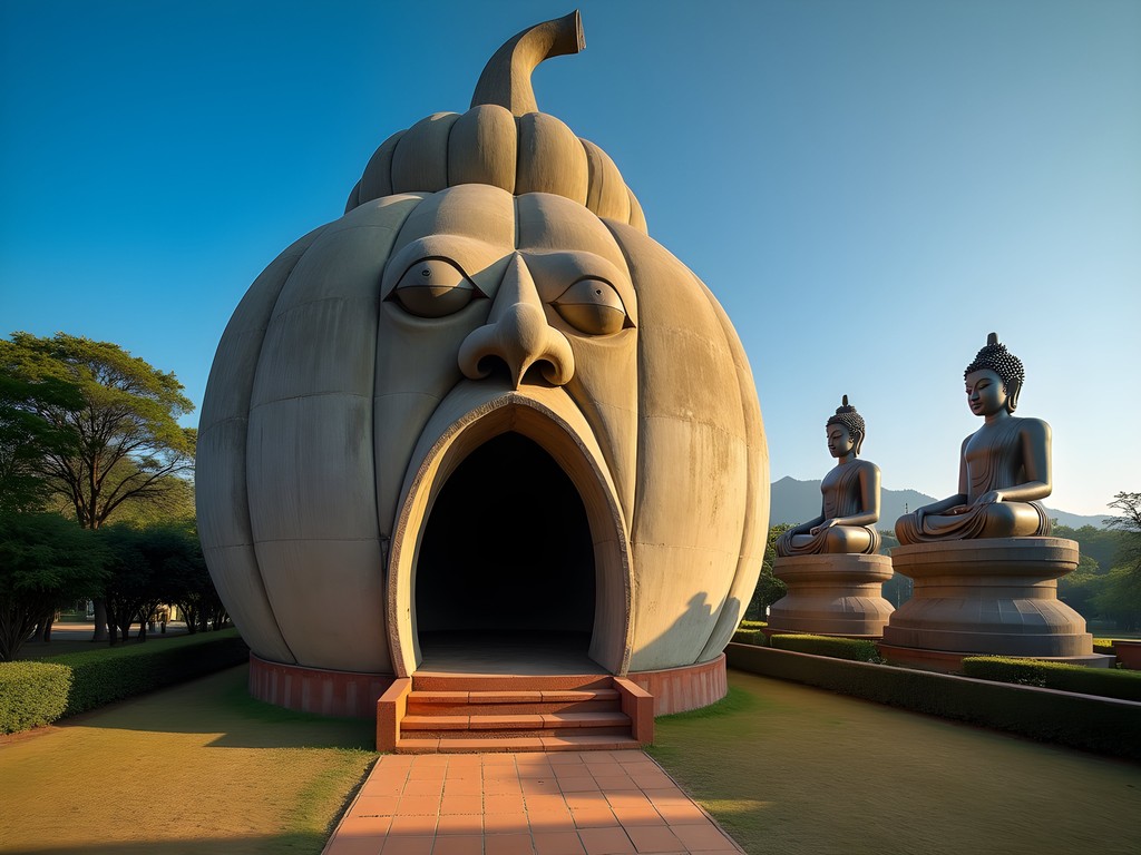 Giant pumpkin structure and Buddha statues at Xieng Khuan Buddha Park