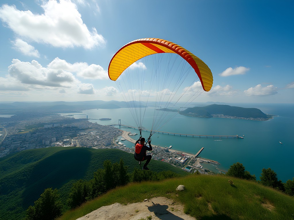 Paragliding over Vladivostok from Eagle's Nest Mountain with panoramic views of city and harbor