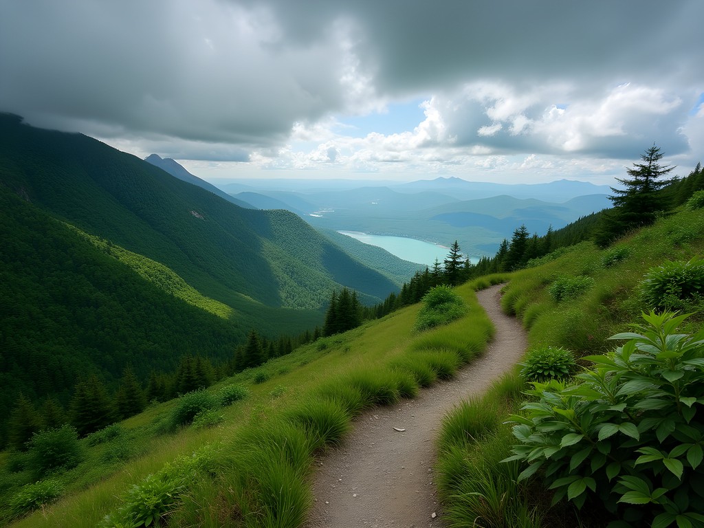 Hiking trail through lush Sikhote-Alin mountains with coastal views of Sea of Japan