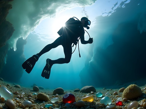Ice diving in crystal clear waters of Ussuri Bay with colorful sea glass visible on seafloor