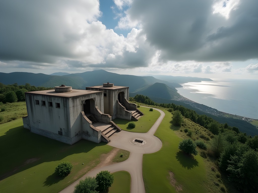 Woman exploring abandoned coastal artillery battery overlooking Sea of Japan near Vladivostok