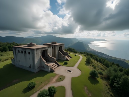 Woman exploring abandoned coastal artillery battery overlooking Sea of Japan near Vladivostok