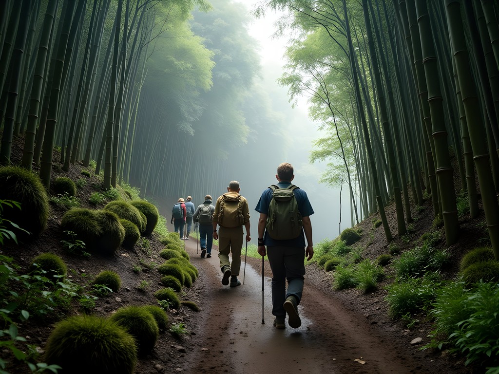 Trekkers following guide through dense bamboo forest on steep volcanic slopes in Rwanda