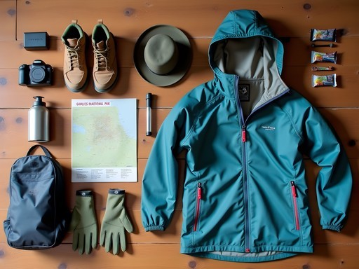 Organized layout of essential gear for gorilla trekking including waterproof boots, gloves, and camera equipment