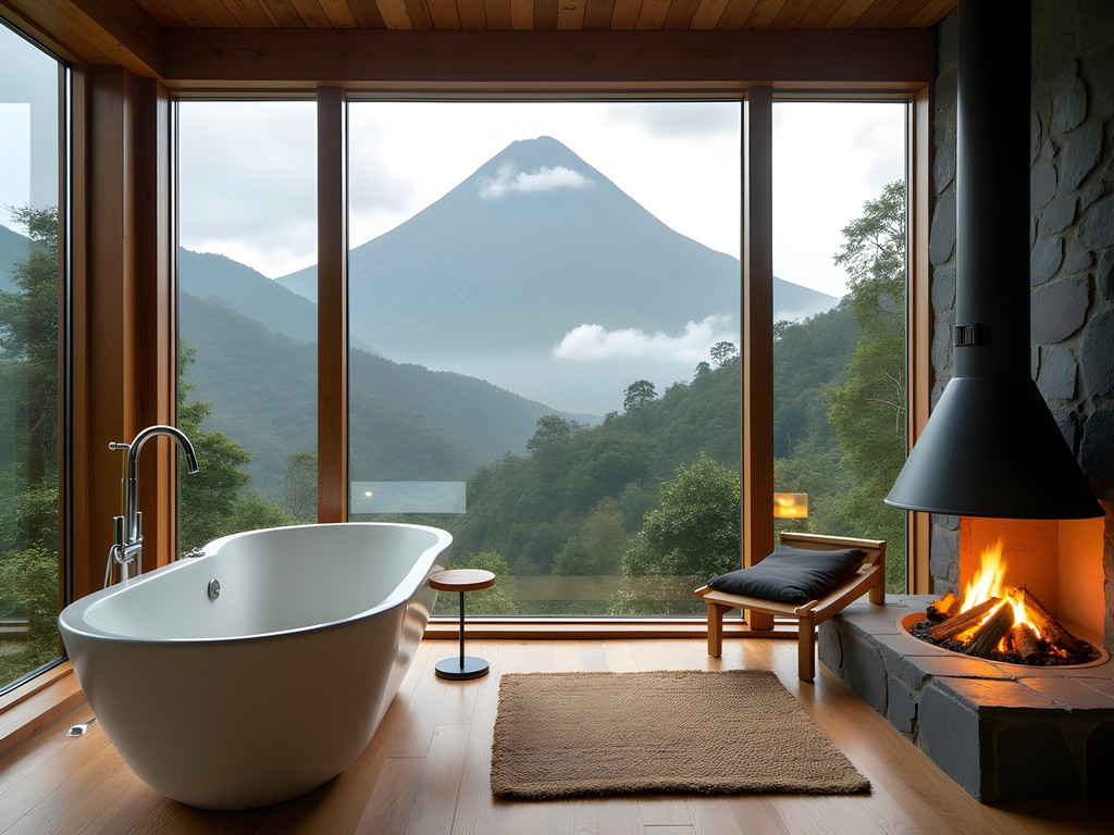 Luxury eco-lodge suite with panoramic views of Virunga volcanoes in Rwanda