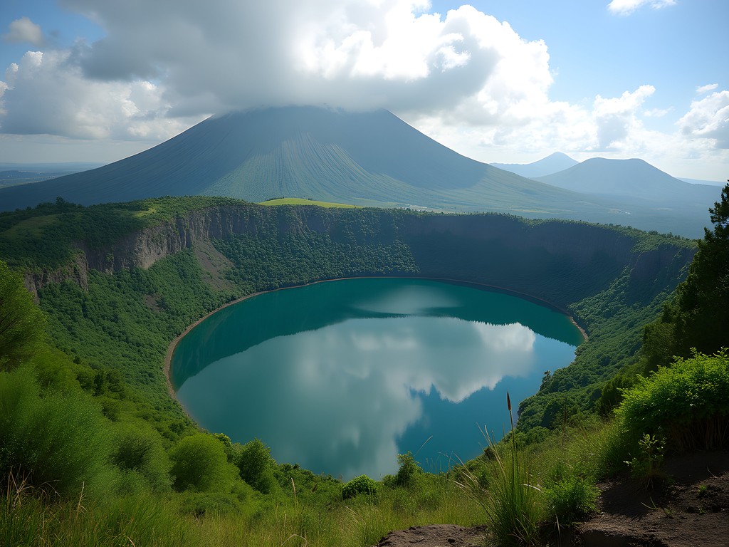 Bisoke crater lake with lush vegetation and volcanic landscape