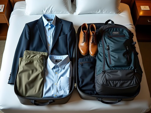Professional transitioning from business attire to trekking gear with organized luggage