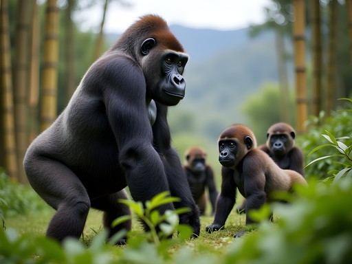 Mountain gorilla family in natural habitat with misty volcanic backdrop