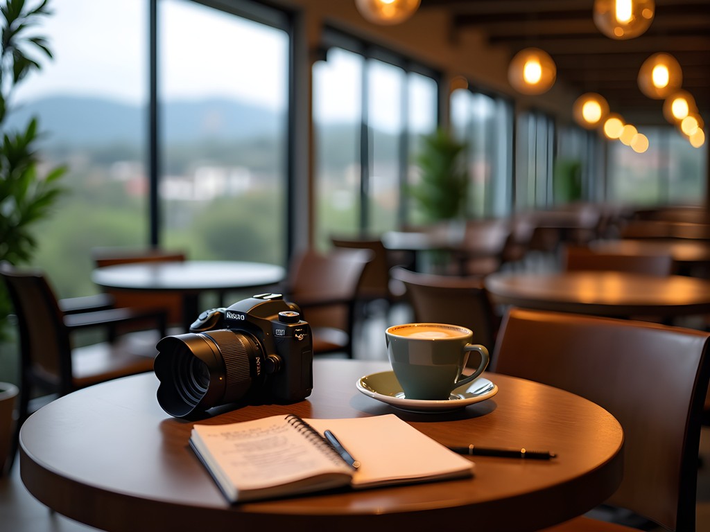 Professional reviewing field notes at upscale Kigali coffee shop