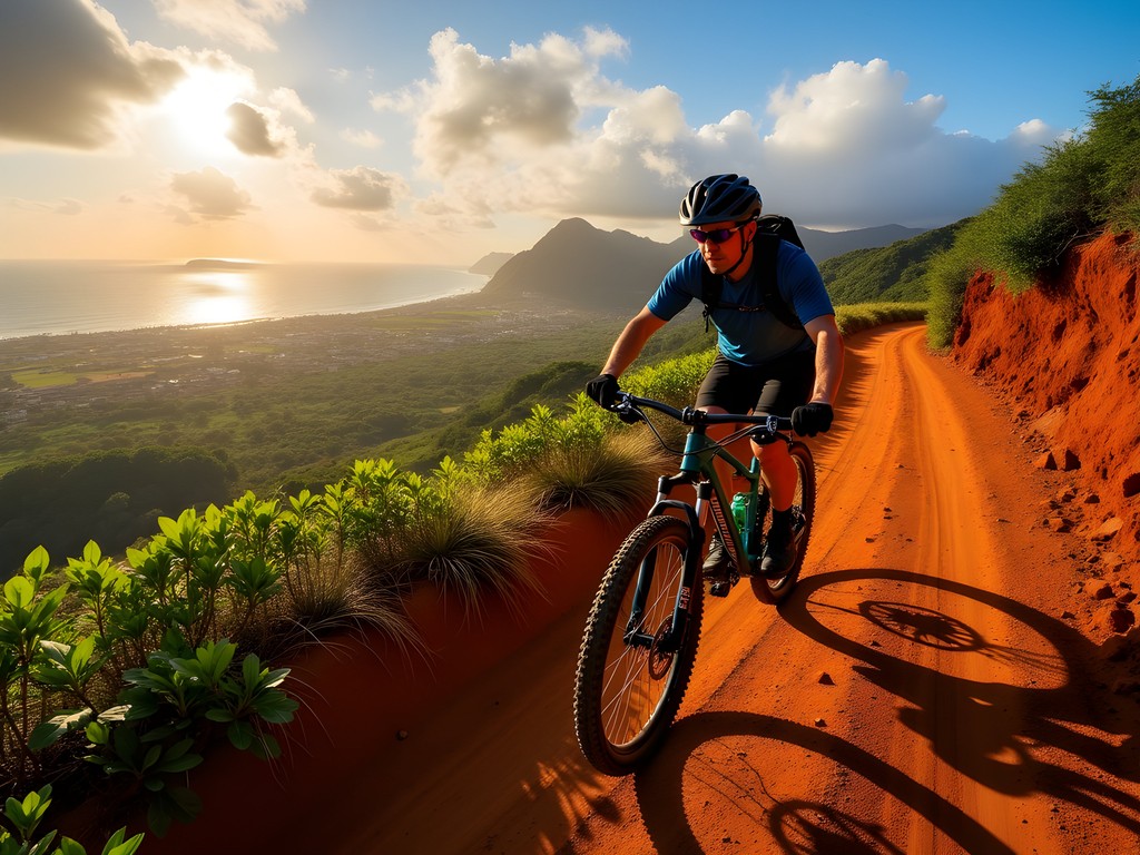 Mountain biker on Waikele Loop Trail with panoramic view of Pearl Harbor