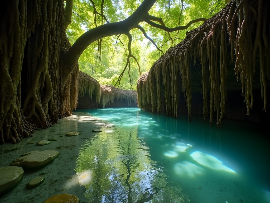 Natural spring emerging beneath ancient banyan tree in Waipahu