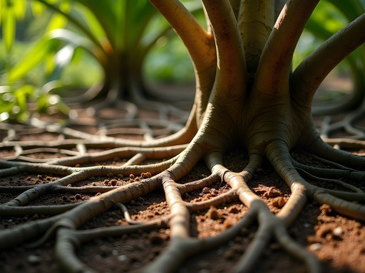 Geometric patterns formed by hala tree prop roots on Waipio Peninsula
