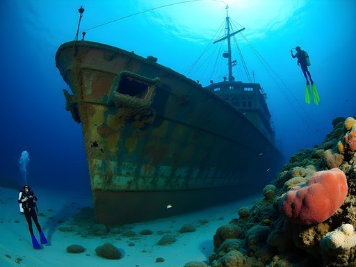 Diver exploring the iconic Fujikawa Maru shipwreck with visible deck guns in Chuuk Lagoon