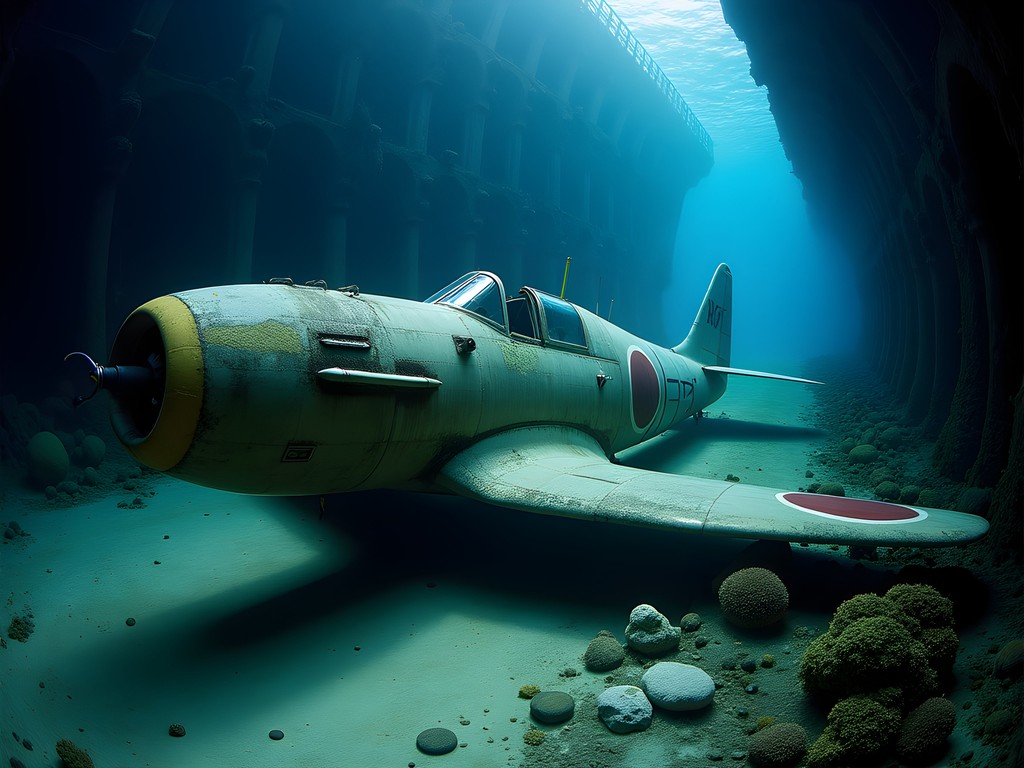 Japanese Zero fighter plane in cargo hold of Fujikawa Maru shipwreck