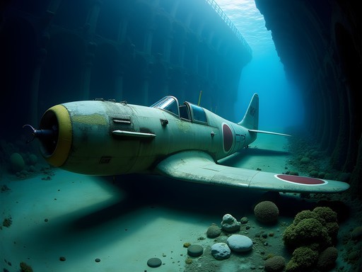 Japanese Zero fighter plane in cargo hold of Fujikawa Maru shipwreck