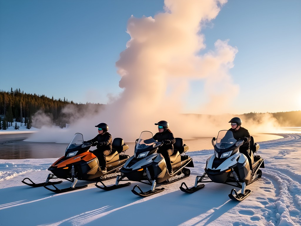 Snowmobiles parked near steaming geysers in winter Yellowstone