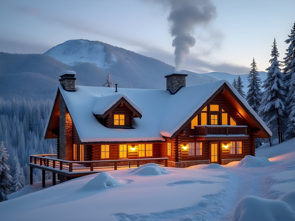 Luxury cabin accommodation in West Yellowstone with snow-covered surroundings
