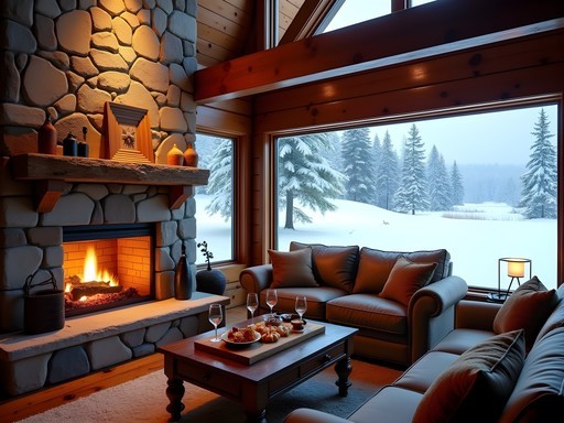 Luxury cabin interior with fireplace and views of snowy Yellowstone landscape
