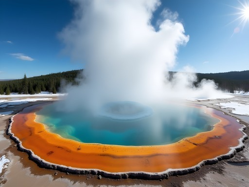 Steam rising from colorful thermal pools against snowy Yellowstone landscape