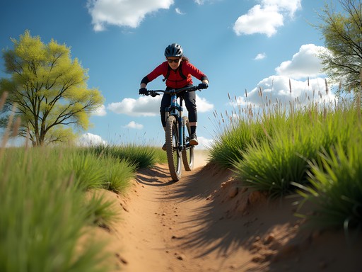 Mountain biker navigating singletrack trail at Air Capital Memorial Park in Wichita