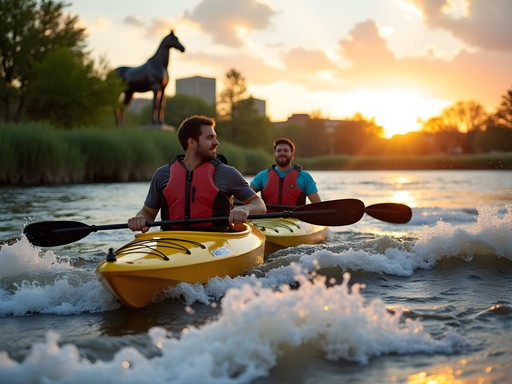 Tandem kayakers navigating the Arkansas River with Wichita skyline in background