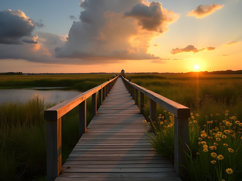 Wooden boardwalk crossing wetlands at Chisholm Creek Park with great blue heron in background