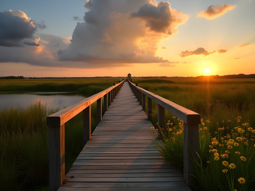 Wooden boardwalk crossing wetlands at Chisholm Creek Park with great blue heron in background