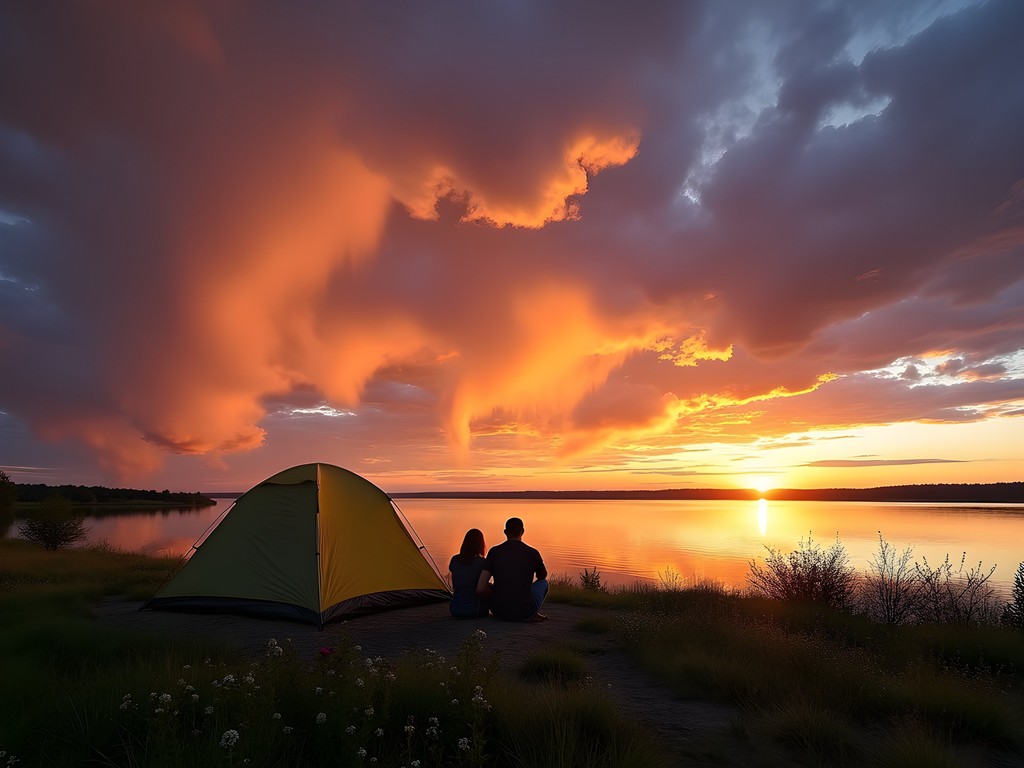 Tent silhouette against dramatic sunset over El Dorado Lake with couple enjoying view