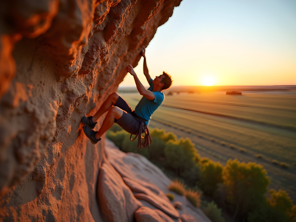 Rock climber scaling Dakota sandstone formation at Kanopolis State Park near Wichita