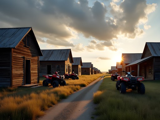 ATVs parked beside weathered wooden buildings of an abandoned ghost town near Williston