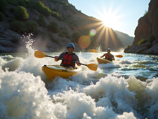 Whitewater kayakers navigating rapids on the Missouri River near Williston