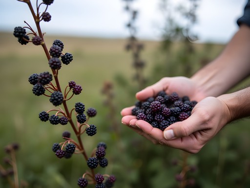 Chef Noah Rice harvesting wild chokecherries in North Dakota prairie