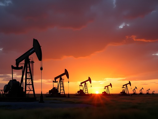 Oil pumpjacks silhouetted against dramatic sunset in Williston North Dakota