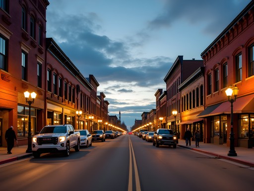Evening street scene in downtown Williston North Dakota showing mix of historic and modern buildings