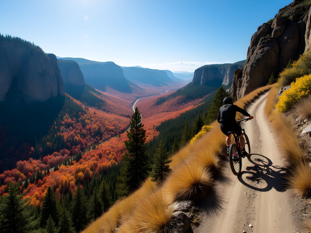 Mountain biker on ridge trail overlooking colorful fall foliage in Cowiche Canyon