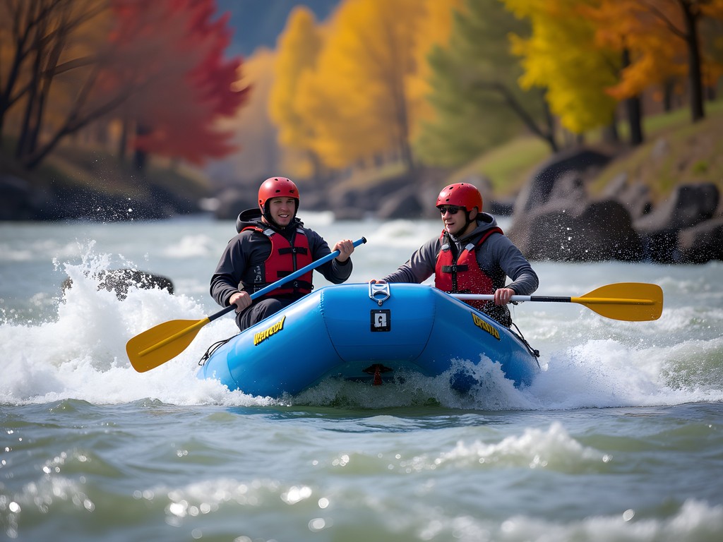 Whitewater rafting action on Tieton River with fall foliage