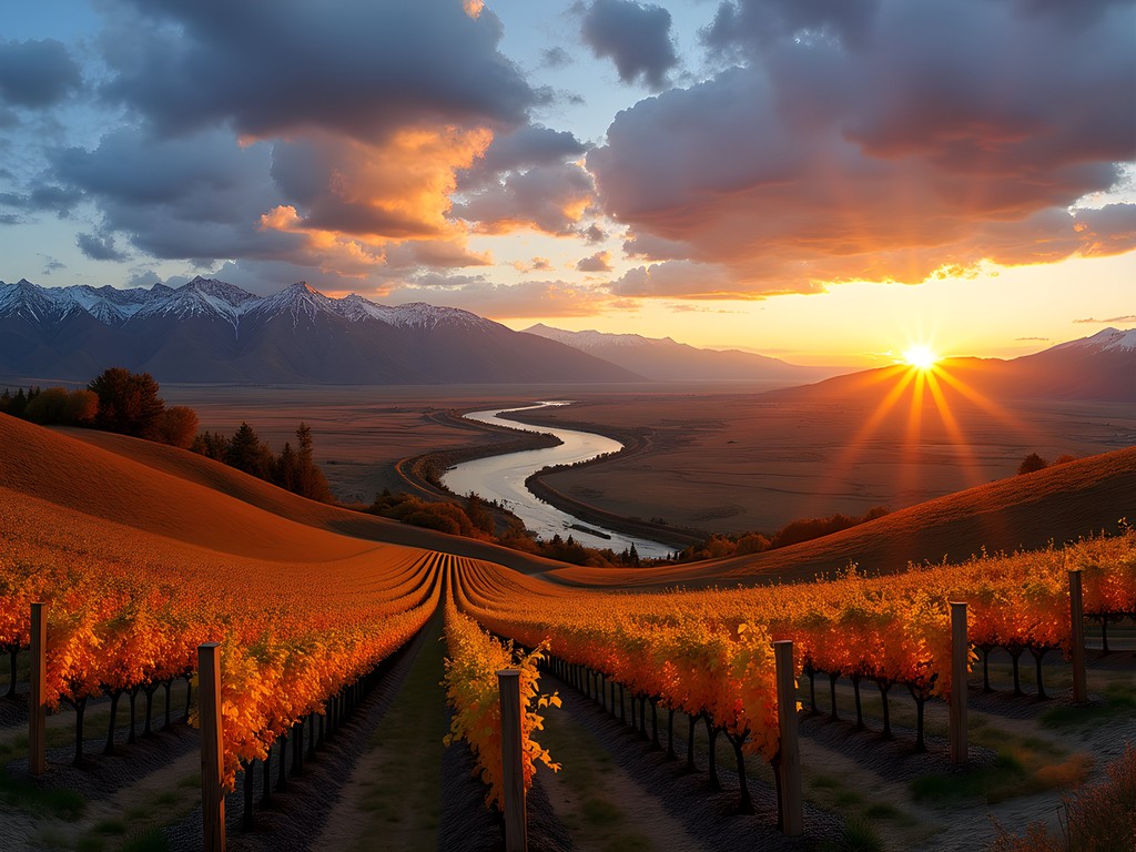 Panoramic sunset view of Yakima Valley showing vineyards, mountains, and river in fall colors