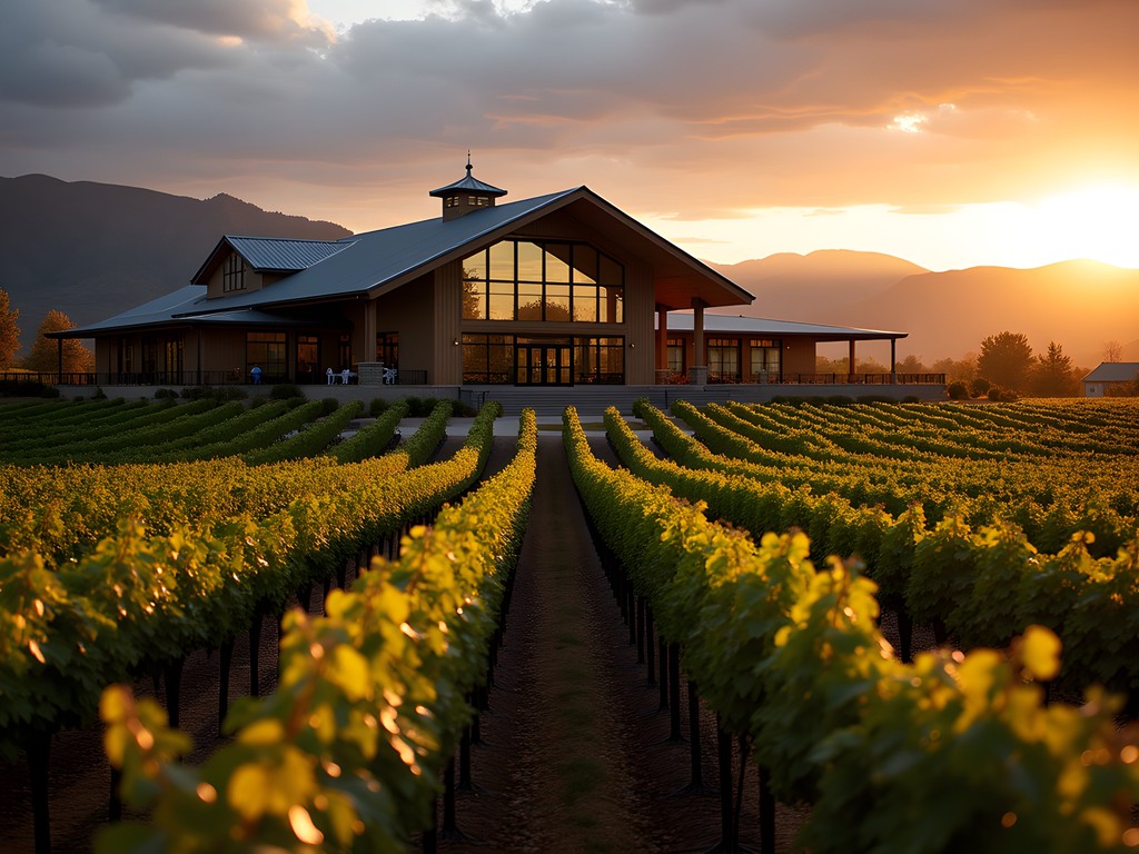 Modern winery architecture with glass façade reflecting sunset over Yakima Valley vineyards