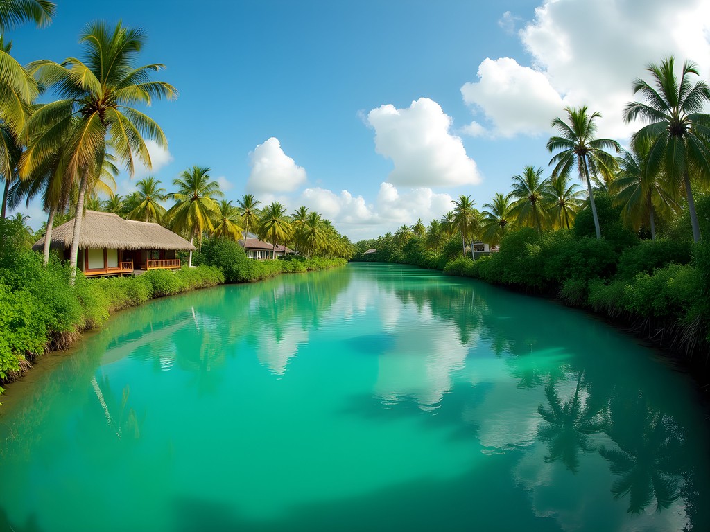 Tranquil Buada Lagoon surrounded by palm trees and lush vegetation in central Nauru